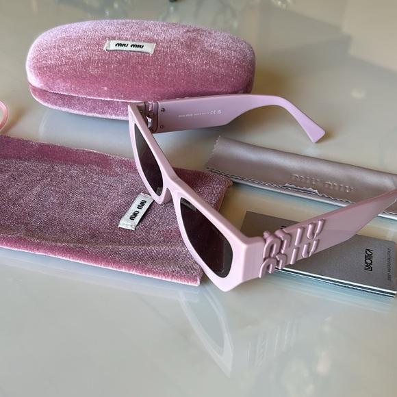 Miu Miu Accessories - Miu Miu Powder Pink Logo Rectangular Sunglasses